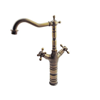 180 Degree Swivel Antique Inspired Brass Kitchen Faucet Bathroom Sink Mixer Tap with Two Handle Antique Brass Finish